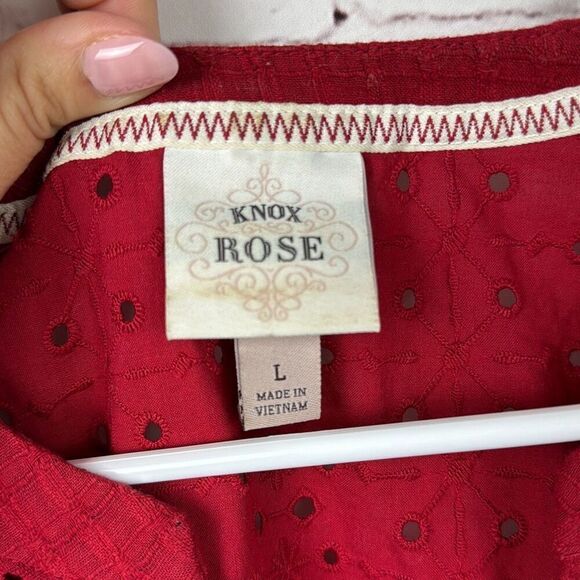 Knox Rose Shirt Womens Large Button Down Blouse Top Puff Sleeve Eyelet Lace Red - Picture 4 of 11